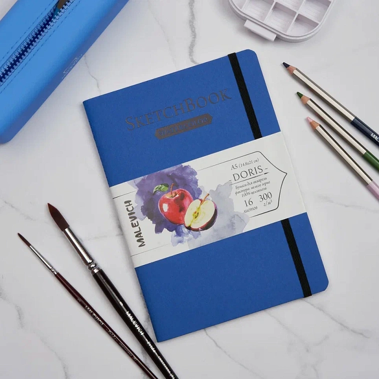 Скетчбук для акварели, сшивка Малевичъ "Doris" А5 16 л 300 г , 100% целлюлоза, синий 606x758